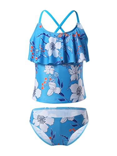 Daenrui Kids Girls 2 Piece Tropical Print Tankini Sets Bathing Suit Spaghetti Strap Ruffles Hawaii Swimsuit Blue 12 Years