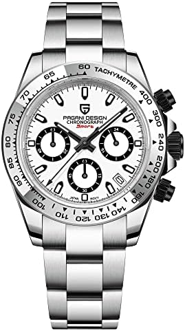 HaiQin Pagani Design Classic Men's Multifunctional Chronograph Full Stainless Steel Japanese VK63 Quartz Movement Tester 100m Waterproof Luxury Business Watch (white-1727), white-black-crown1727,