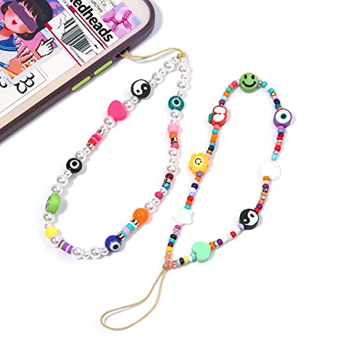 Exweup 2 Pcs Yin Yang Beaded Phone Lanyard -Bohemian Smiley Face Evil Eye Beaded Phone Charm Wrist Strap ,Fruit Star Heart Flower Pearl Handmade Bracelet Keychain,Cell Phone Accessories For Women And Girls #TOP2