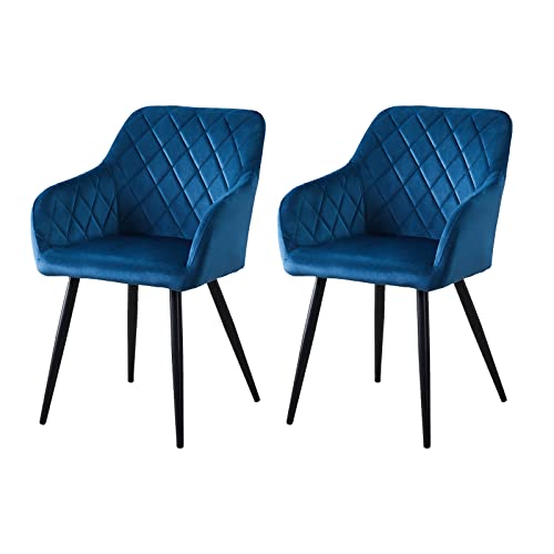 OFCASA 2er Set Esszimmerstühle mit Armlehne Blau Gepolstert Samt Retro Diamant Rückenlehne für Restaurant Empfang 2 Stück Cover