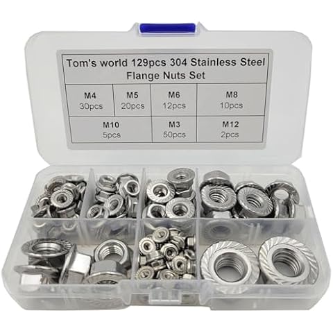 129Pcs Hex Flange Nuts Assortment Kit Stainless Steel 304(18-8) M3 M4 M5 M6 M8 M10 M12 Metric Hex Nuts Cover