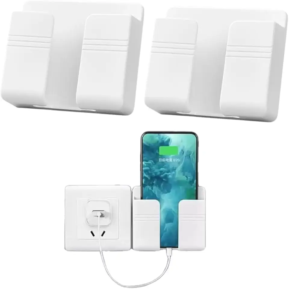 Kit 2 Suportes de Parede para Celular e Controle Remoto – Auto Adesivo, Organizador de Carregamento, Sem Furar, Ideal para Tomada e Parede