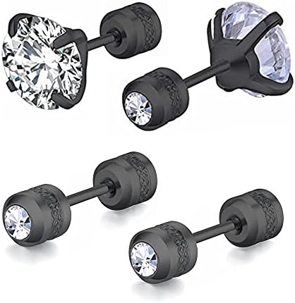 2 Pairs Stud Earrings Set,Hypoallergenic Cubic Zirconia 316L Stainless Steel CZ Screw back Double Sided Earrings for Men,Women,Boys & Girls