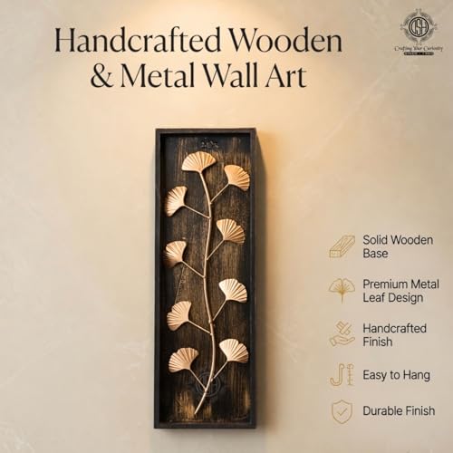 Image of DSH Leaf Wall Art Panels Modern Rustic Home Decor Wall Hanging Sculpture for Living Room, Bedroom & Office (45X15 CM) Decoration Item (Ginkgo Leaf, 1 Frame)