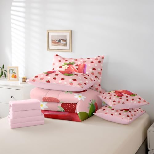 Image of Feelyou Girls Cute Strawberry Queen Comforter Set with Sheets for Kids Boys Girls Pink Strawberry 7 Pieces Bedding Set Initial Letter N Bed in a Bag Room Decor Soft Lightweight Microfiber