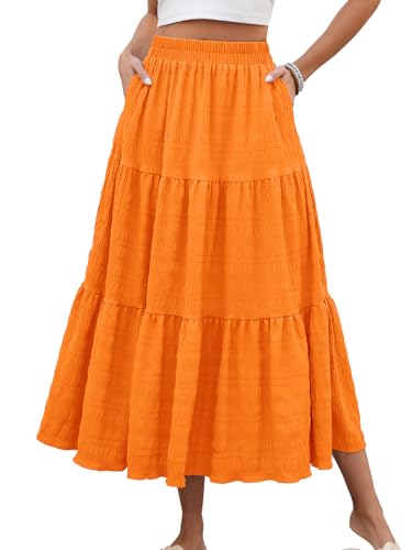 HUSKARY Women's Summer Long Casual Smock A Line Layered Skirt Loose Flowy High Waisted Swing Beach Skirts,Orange,XX-Large