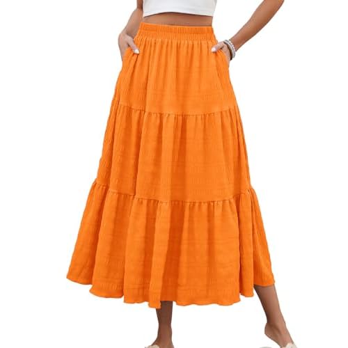 HUSKARY Women's Summer Casual Elegant Smock Layered Tiered Maxi Skirt High Waisted A Line Flowy Long Skirts with Pockets X-Large Orange