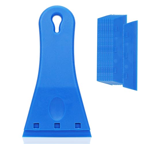 Umaki Rascador de ventana, raspador de vidrio de 7,5 cm x 14,5 cm, rascador de plástico sin arañazos con 10 repuestos de repuesto, para limpiar calcomanías, horno, pintura, vinilo