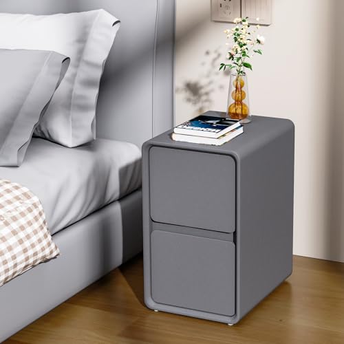 VICITON Modern Narrow Faux Leather Nightstand, Solid Wood Drawer, Storage