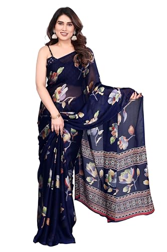 Image of SUPERLAXMI Women's Chiffon Floral Printed Saree with Blouse Piece