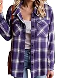 Zeagoo Women's Button Up Flannel Shirts Loose Buffalo Plaid Shacket Long Sleeve Collared Business Blouses Purple XXL