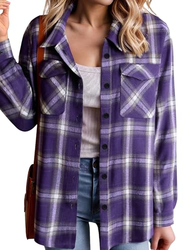 Zeagoo Womens Long Sleeve Flannel Shirt Casual Button Down Plaid Blouses Loose Dressy Casual Tops with Pockets Purple L