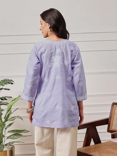 Image of Ada Hand Embroidered Lucknow Chikankari Straight Round Neck Cotton Blend Short Kurti Tunic Top for Women A911333