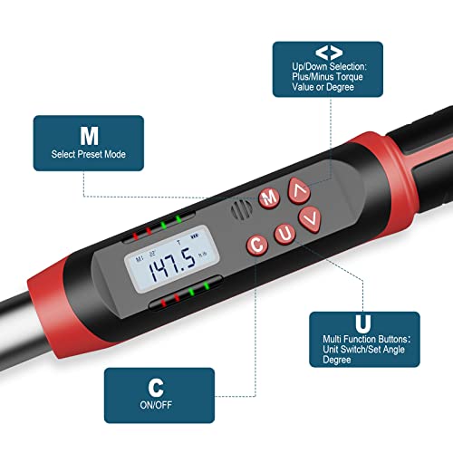 Leolee 1/2-Inch Drive Digital Torque Wrench With Angle, 7.38-147.5 Ft-Lb/10-200 Nm Electronic Torque Wrench With Preset Value, Data Storage, Buzzer, Led Flash Notification For Motorcycle, Car #TOP5