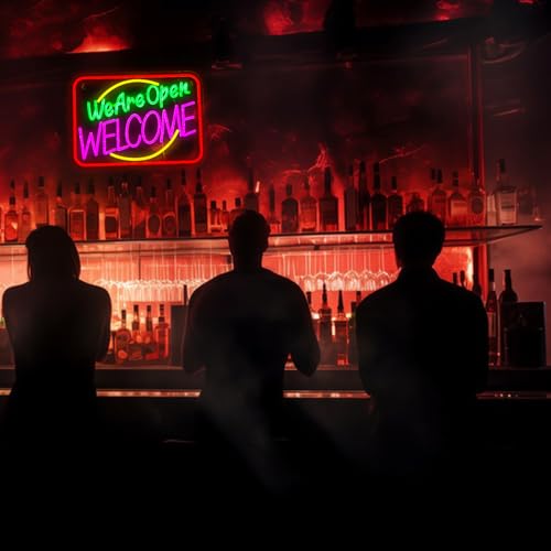 Image of Business We Are Open Neon Sign Welcome Wall Decor Neon Light Open Sign LED Light Sign Coffee Shop Bar Restaurant Salon Hotel Welcome Door Window Decor Sign USB 16.5 inchX11.8 inch
