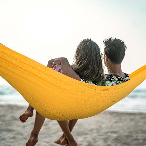 Image of Lazy Daze Hammocks Handwoven XL Mayan Hammock, 10.5 FT Soft Rope Double Hammocks, Portable Outdoor Hammock with Carry Bag, 2 Straps & Carabiners for Patio Outside, 550 lbs Weight Capacity, Yellow