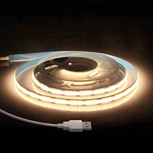 ALITOVE USB COB LED Strip Lights Warm White 3000K CRI 85+ FCOB COB High Density Flexible Lights 1m/3.28ft 320 LEDs Rope Lights for TV Backlight Under Cabinet Kitchen Bedroom DIY Home Decoration