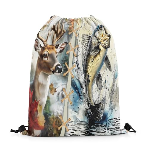 Castle Fairy Elk Deer Drawstring Backpack,Hunting Fishing Theme Drawstring Bag,Rustic Western Farmhouse Adjustable Draw String Bag,Lightweight