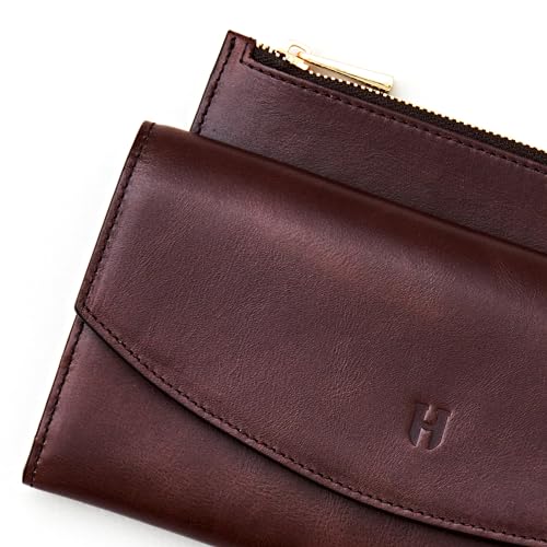 Handcrafted Full-Grain Leather Women’s Wallet, RFID Blocking, 12 Card Slots, 3 Compartments, Removable Zipper Coin Pouch, Gift Box & Pouch, Christmas & Birthday, Brown3