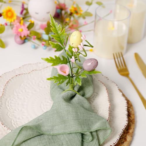 Farmhouse Easter Napkin Rings Set of 12, Spring Napkin Ring with Easter Eggs Green Leaf for Dinner Party, Banquet, Serviette, Table Decor