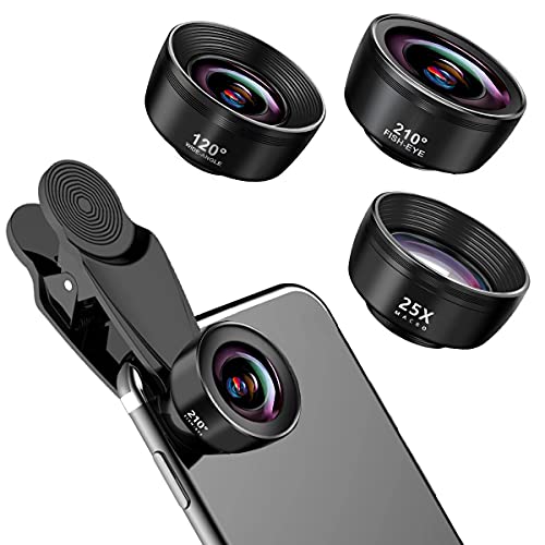 3 in 1 Universal Phone Lens Kit- 210Â° Fish Eye Lens + 120Â° Wide-Angle Lens + 25X Macro Lens, Clip Camera Lens Kit for iPad, iPhone 12, 11, Xs, Samsung, Android, and Most Smartphones