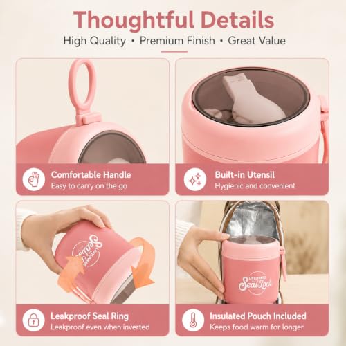 Image of 530ml Insulated Lunch Pot with Built-in Spoon | 304 Stainless Steel Food Jar, Double Wall Thermal Insulation | Leakproof Soup Container | Bento Box for Office, School & Travel - Pink