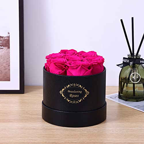 Beaulasting Roses Preserved Roses Box Eternity Roses Real Roses Gifts For Her Valentine's Day Christmas Anniversary Birthday Mother's Day(Round Black Box, 7 Hotpink Roses) #TOP4