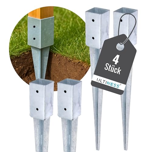 Ultiness® Pfostenträger für Holzpfosten Einschlaghülse 70x70/90x90 wetterfeste Bodenhülse aus Stahl Feuerverzinkt - Stabile Pfostenanker im Außenbereich - Einschlagbodenhülse (4 St., 71 x 71/750 mm)