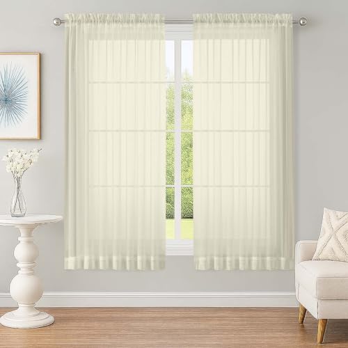 Image of OWENIE Sheer Cream Curtains, Sheer Curtains 63 inch Length 2 Panels Set, Rod Pocket Voile Fimly Sheer Drapes for Living Room Bedroom, 2pcs, Cream, Each 59 inch W x 63 inch L