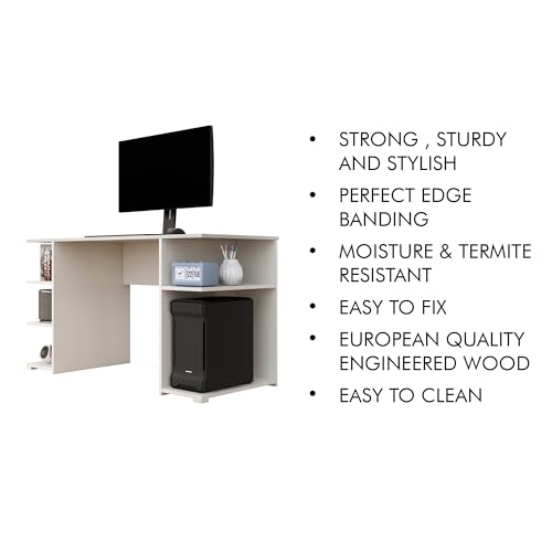 Image of Bniture Wooden Study Table for Home | Engineered Wood Study Table with Side Shelf Storage | Multi Purpose Computer Desk for Writing & Study | Laptop Table for Study Room & Workstation | Frosty White