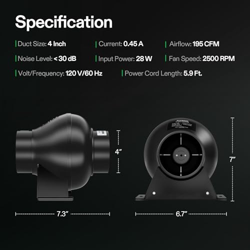 VIVOSUN D4 4 Inch 195 CFM Inline Duct Ventilation Fan HVAC Vent Blower for Hydroponics Grow Tent by VIVOSUN - Image 4