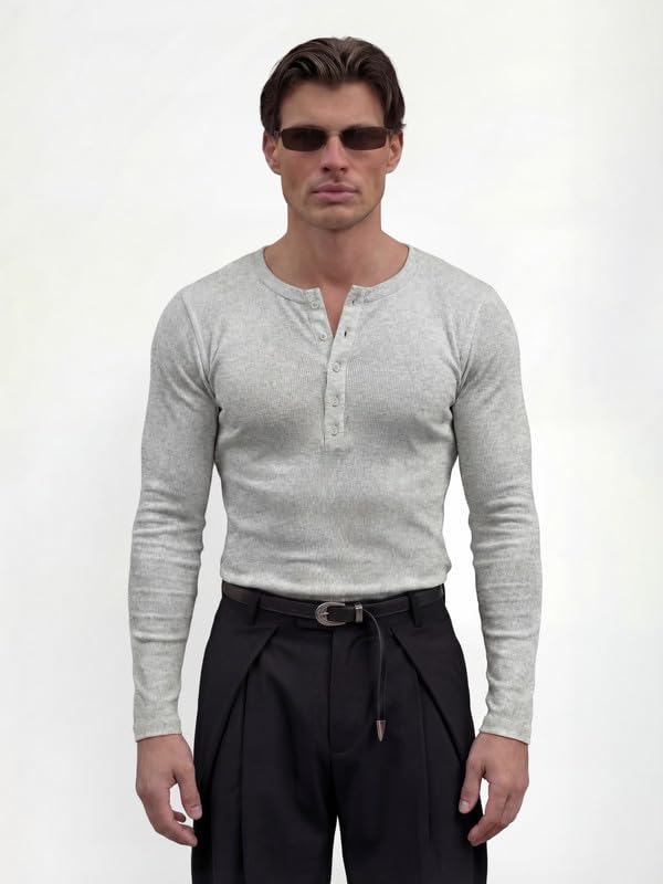 Image of FUGAZEE 100% Cotton Light Grey Ribbed Henley Long Sleeves T-Shirt | Muscle fit