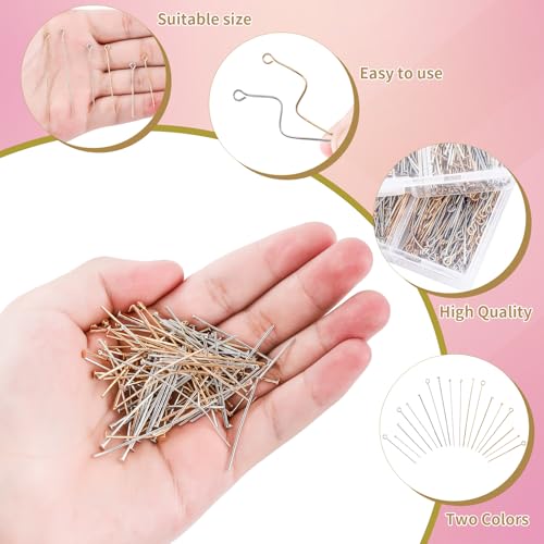 KOPOX Gold and Silver Eye Pins and Flat Head Pins for Jewelry Making, 1.2\", 1.6\", 2\" Metal Eyepins Headpins, for Women Jewelry Making
