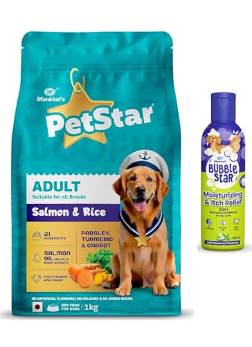 Image of Petstar Adult Dry Dog Food (High Protein) Salmon & Rice Flavor, 1kg Pack and Mankind BubbleStar Neem & Aloe Vera 2-in-1 Shampoo & Conditioner for Dogs & Cats,200 ml