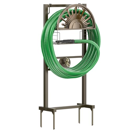 GOFORWILD Garden Hose Holder with Brass Faucet Freestanding Water Hose Stand with Storage Basket Detachable Heavy Duty Hose Reel Hanger Holds 150-Feet Hose for Outside Patio Yard Lawn