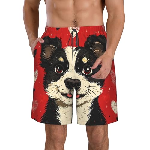Men's Swim Trunks Quick Dry Board Shorts Beach Bathing Suits - Dog and Hearts Patterns Funny