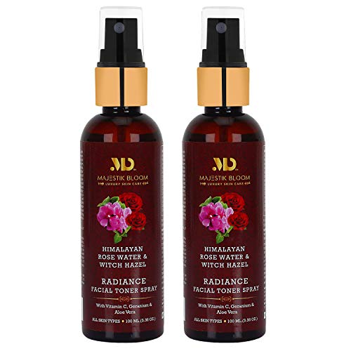 Rose Water Toner, Witch Hazel Toner, with Vitamin C, Hyaluronic Acid, Minimizes Pores, Makeup Setting Hydrating Spray Mist, Alcohol Free, by Majestik Bloom 100 ml / 3.38 fl oz (Pack of 2)