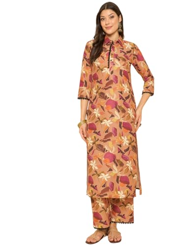 Image of SheWill Women Cotton Blend Floral Printed Straight Kurta with Mandarin Collar, Button Detailing, and 3 /4th Sleeves Paired with Matching Printed Pants