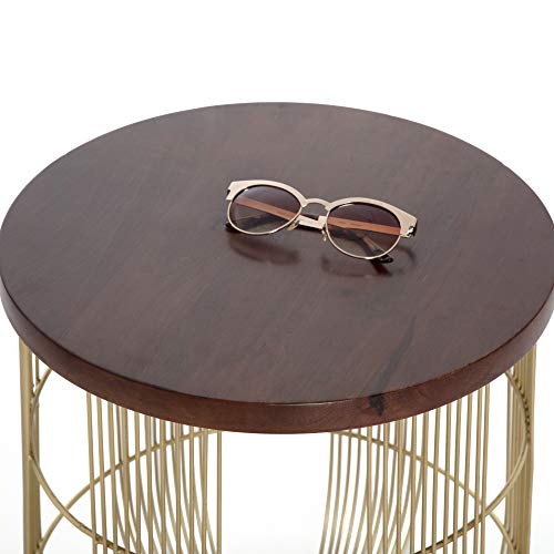 Finch Maxwell Gold Metal Side Small Round Accent Drum End Table For Living Room Or Bedroom Fully Assembled Solid Wood Top #TOP3