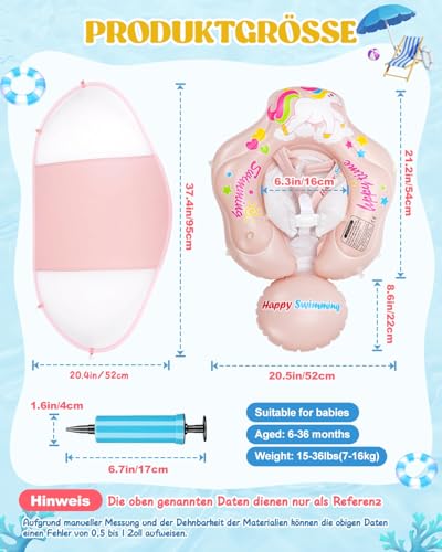 Baby Schwimmring mit UPF50+ Sonnendach Abnehmbaren, Aufblasbare Schwimmsitz Schwimmhilfe Swimtrainer, Verstellbarer Sicherheitssitz, Baby Schwimmhilfe für 3-36 Monate