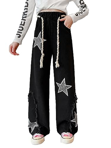 JanJean Kids Girls Wide Leg Jeans Loose Fit Denim Pants Stretchy Trousers Hip Hop Jazz Dancewear