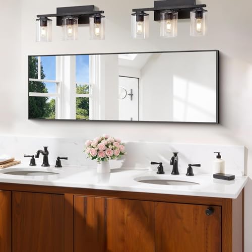 Image of COFENY Black Bathroom Mirror for Wall, 16x48 Inch Rectangle Mirror with Metal Frame, Modern Vanity Mirrors for Bathroom Living Room, Entryway Hangs Horizontal or Vertical