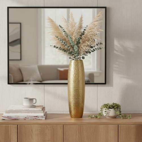 Image of RIZIK STORE Hammered Gold Metal Floor Flower Pot /Vase - 24.2 Inch Tall Round Decorative Vase for Living Room, Modern Minimalist for Dried Flowers, Antique Home Decor Accent (Gold)
