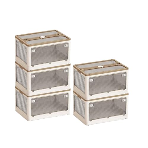 タマトシ 収納ボックス 全方向から取り出せる 透明 蓋付き 折りたたみ式 大容量 防災 収納ケース 積み重ね可能 衣替え 洋服 非常食 地震対策 避難用 防災グッズ収納 アイボリー5個セット Lサイズ