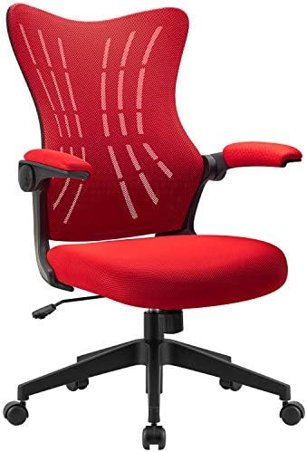 Furmax Office Desk Chair with Flip Up Arms, Mesh Mid Back Computer Chair Swivel Task Chair with Ergonomic Lumbar Support (Red)