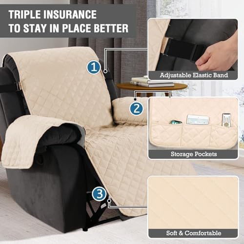 Image of HOKIPO 100% Waterproof Quilted 1 Seater Recliner Chair Slipcovers with Side Pockets, Cream (NEW-4971-CRM)