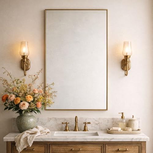 Image of TEHOME Gold Bathroom Vanity Mirror with Squared Corners, 24x40'' Brushed Brass Rectangle Stainless Steel Metal Framed Mirror for Bathroom
