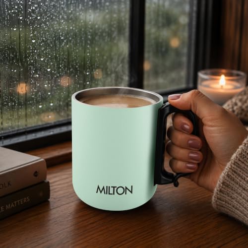 Image of MILTON Harbor Coffee Mug 300 Double Walled Non - Insulated | 300 ml Inner Stainless Steel Tea Mug with Lid & Handle | Hot & Cold | Coffee Mug Travel Tea Cup | Black Coffee | Tea Cup Single |Mint Green