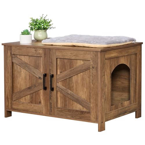 Homhedy Caixa de areia para gatos, móveis de banheiro de madeira para gatos com porta de celeiro, ca