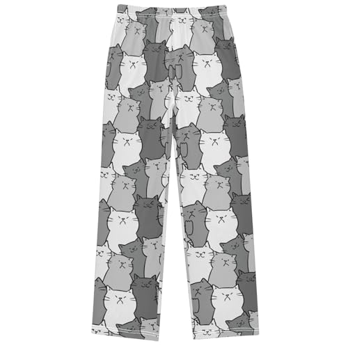 Boy's Pj Pants Dark Grey White Cartoon Cat Lounge Bottoms Elastic Waist Kids Joggers with Pockets Size 6-14